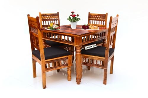Image of B. N. FURNITURE Solid Sheesham Wood 4 Seater Dining Table Set with Black Cushioned Chairs | 34x34 Inch Square Table | Traditional Handcrafted Wooden Dining Set for Home & Apartment