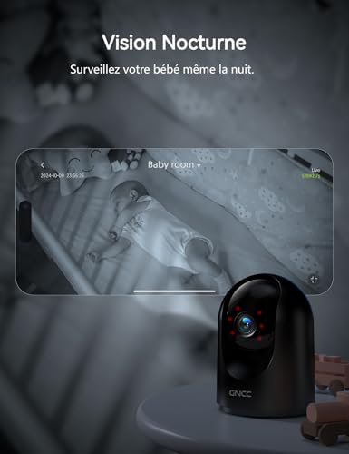 GNCC Caméra Surveillance WiFi Intérieure 2K 3MP Bébé/Animaux Noir(Lot de 1) – vue 6