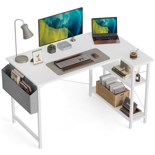 CubiCubi 120 cm L Shaped Computer Desk with Storage Shelves, Home Office Corner Desk Study Writing Table, White