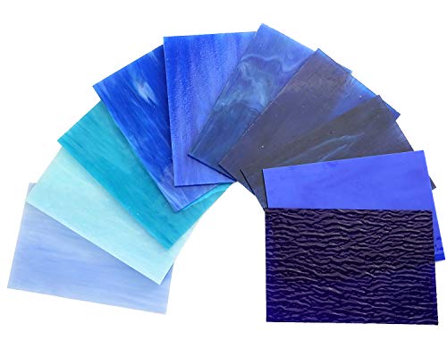 Lanyani（10 Sheets）Blue Variety Stained Glass Sheets 4 x 6 inch Opal Art Glass Pack Tiffany Glass, Mixed Textures