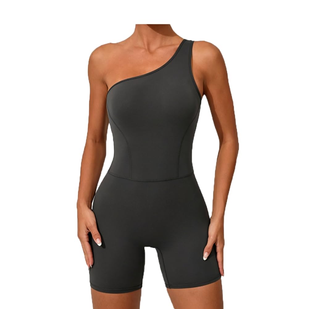 Damski Kombinezon Sportowy Na Jedno Ramię Yoga Push Up Krótki Strój Fitness z Wyjmowanymi Wkładkami(M, Carbon Gray)