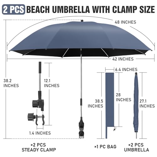 Image of 2 PACK Beach Umbrella with Clamp, 360 Adjustable Umbrellas for Chair, UPF50+ Umbrella for Beach Chair, Patio Chair, Wheelchair, Camping Chair, Golf Carts (Chair Not Included)