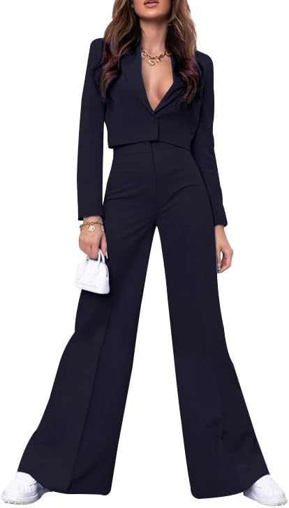 HipGlamp Women's Formal Long Sleeve Cropped Blazer & Wide-Leg Pant Suit Set with Deep V Neck Business to Cocktail Elegant