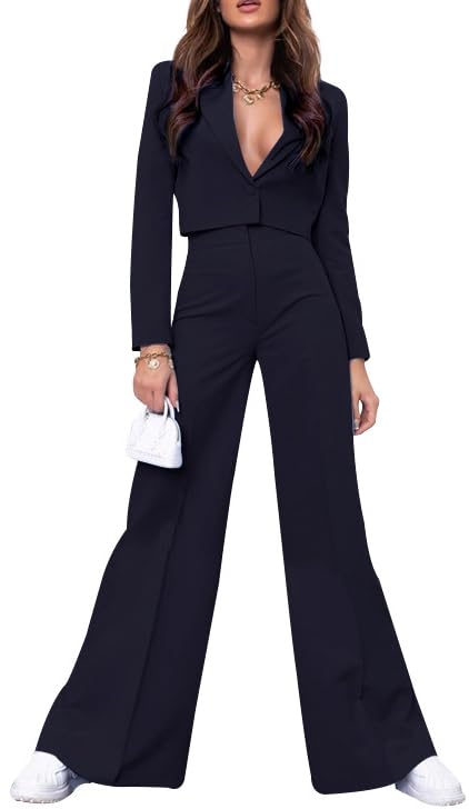 HipGlamp Tailored Power Suit Set Cropped Blazer & Wide-Leg Pants Deep V Neck for Business Evening