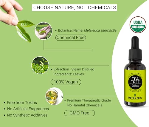 Image of Earth N Pure Tea Tree Essential Oil for Acne, Skin and Scalp Care - 100% Pure Natural Tea Tree Oil for Face, Hair & Aromatherapy - Steam Distilled - 30ml