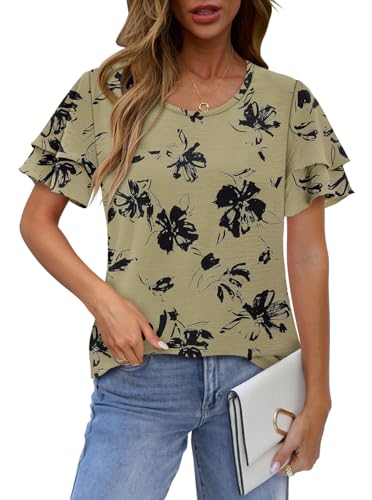CRAZY GRID Women's Shirts Summer Casual Crewneck Ruffle Short Sleeve Blouses Cute Floral Print Tunic Tops