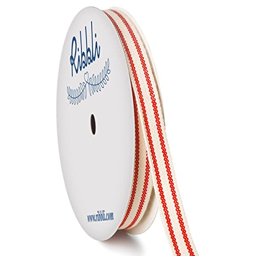 Ribbli Natural Cotton Red Stripe Ribbon 3/8 Inch x 10 Yard Spool Farmhouse Valentines Rinbbon Use for Gift Wrapping Home Decor Floral Decoration-Natural/Red
