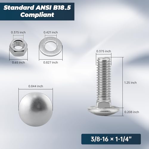 Image of 3 /8-16 x 1-1 /4 Inch Carriage Bolt Kit, 304 Stainless Steel (18-8) with Hex Nuts & Flat Washers - 16 Sets, Round Head Square Neck, Full Thread Coverage by Glvaner