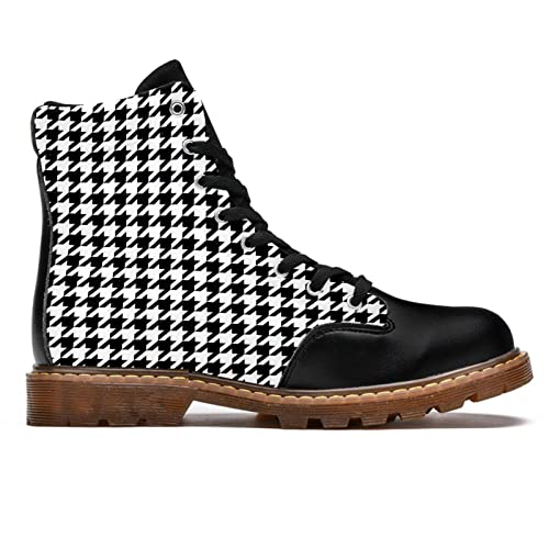 Mapolo Black White Houndstooth Classical Shoes Men's Stylish High Top Tactical Boots Lace Up Winter Boots Casual Leather Slip Resistant Warm Snow Boot For Hiking Work Boots #TOP2