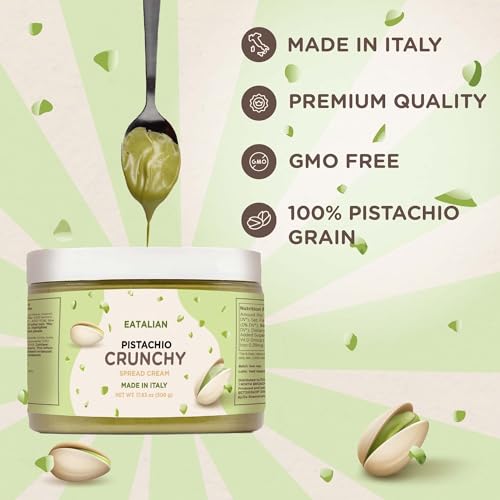 Image of EATALIAN by AMZ BETTER Spreadable Crunchy Pistachio Cream 17.63 oz /500 gr, Pistachio Cream with Grains, Protein Paste, Sweet Taste, Ideal on Bread and Excellent for Dubai Chocolate, Made in Italy