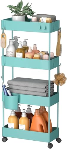Image of Pipishell Slim Storage Cart with Wheels, 4 Tier Bathroom Storage Organizer Rolling Utility Cart for Bathroom Kitchen Laundry Room Office Narrow Place (Turquoise)