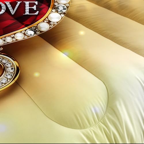 Image of AILONEN Romantic Love Heart Bedding Set Queen Size,Gold Leopard Print Comforter with 2 Pillowcases,3-Piece Red Jeweled Hearts Quilt Set for Lover Couple