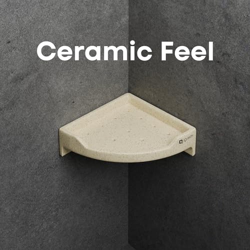 Image of Qbath 9 Inch Ceramic Corner Bathroom Shelf - Beige |Wall-Mounted Black Ceramic Rack with Drainage Holes|Space-Saving Corner Shelf for Shampoo, Soap & Toiletries|Water-Resistant & Easy to Clean