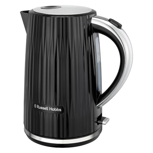 Russell Hobbs Hervidor de Agua Eléctrico, para agua caliente, té o café, 1,7 l, tapa de apertura por presión, filtro extraíble y lavable, detalles cromados, negro, 2400 W, Eden 27360-70