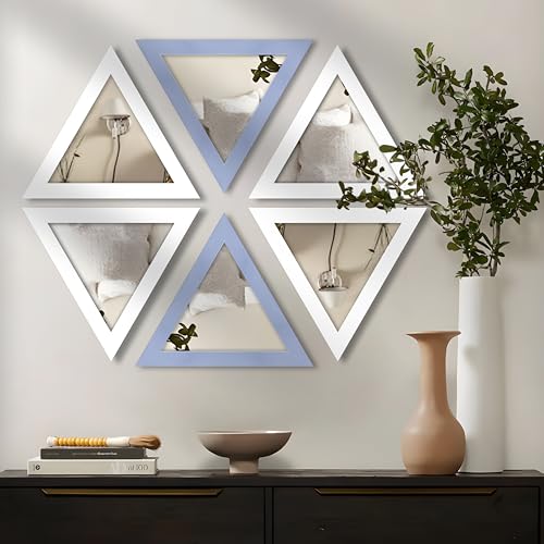 Image of Art Street Acrylic Triangle Decorative Wall Mirror Set of 3 Triangle Shape Mirror for Home Decoration, (9x9 Inch, White, Light Blue)