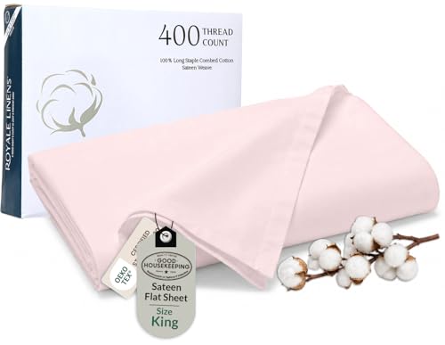 Image of Royale Linen 400 Thread Count 100% Cotton Flat Sheets Only - Cooling Sheets - King Flat Sheets Only Sold Separately - Luxury Sateen Weave - Breathable & Super Soft Top Sheet Only (King, Kyoto Blush)