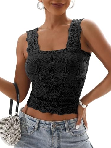 Women's Square Neck Tops Slim Fit Sleeveless Wide Strap Crop Tank Tops Lettuce Trim Crop Cami Tops with Floral Jacquard2