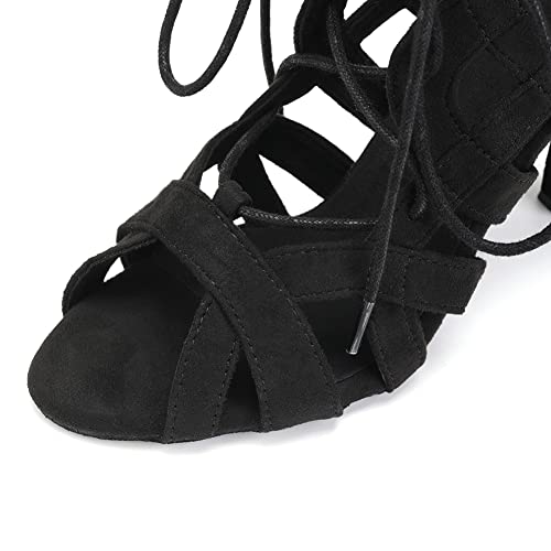 Swdzm AT-QJW7208-BLACK-8.5JB-M-39 Women'S Ballroom Latin Salsa Dance Shoes Lace-Up Open-Toe Dance Boots,Black,Heel 3 1/3",Suede Sole,Us 7.5 thumb #7