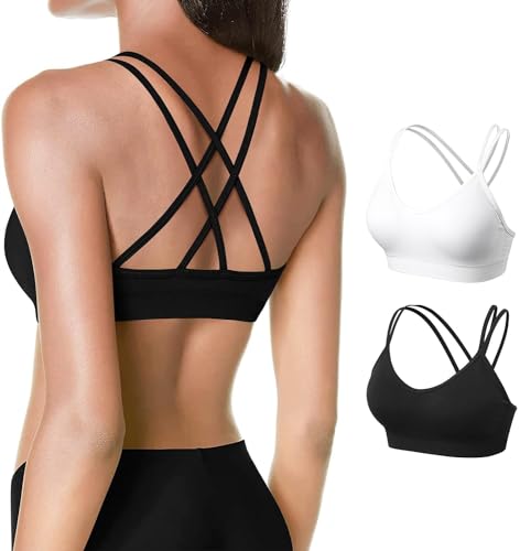 Image of VEQKING Strappy Cross Back Women Sports Bra Pack for Medium Support Workout | Removable Padded Cups, Spaghetti Strap, Comfort Seamless Wirefree, Soft Breathable Fabric, for Gym /Yoga /Pilates /Walking /Daily