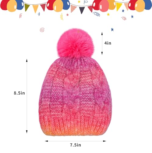 Kids Knit Slouchy Beanie Girls Winter Hat Warm Fleece Lined Pom Pom Cap, Multicolor3