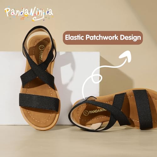 Image of PANDANINJIA Girls Sandals Slip-on Elastic Ankle Cross Strappy Gladiator Dress Sandals Flats Summer Shoes Little Big Kids Sandals