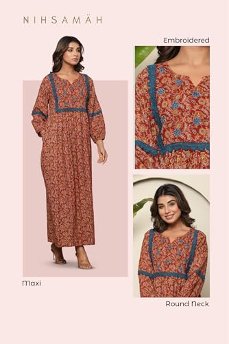 Image of NIHSAMAH Cotton Night Gown for Women, Printed Long Cotton Nighty with Pockets, Comfortable & Fancy Sleepwear /Nightwear /Maxi