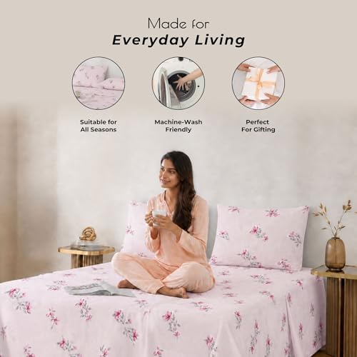 Image of Cotton King Size Bedsheet 108x108 Super King, 100% Pure Cotton Bed Sheet with 2 Pillow Covers, 240 TC Soft Breathable Floral Design Bedding - (Blush Bloom, Super King)