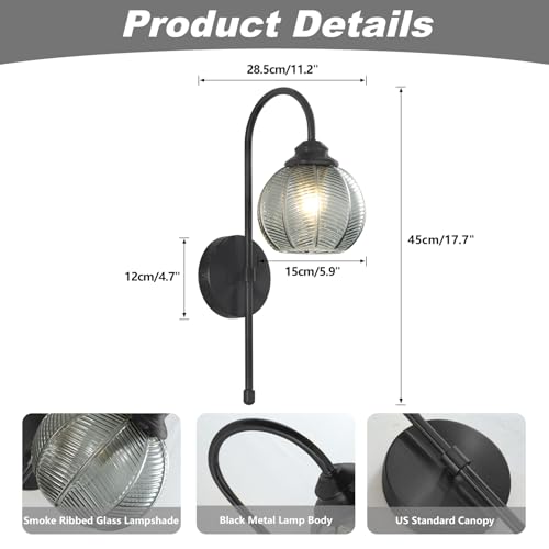 Image of KCO Lighting Smoked Glass Wall Light Large Black Globe Wall Sconce Mid Century Modern Bathroom Vanity Light Fixture Black Long Wall Sconce Farmhouse Hardwire Wall Sconce