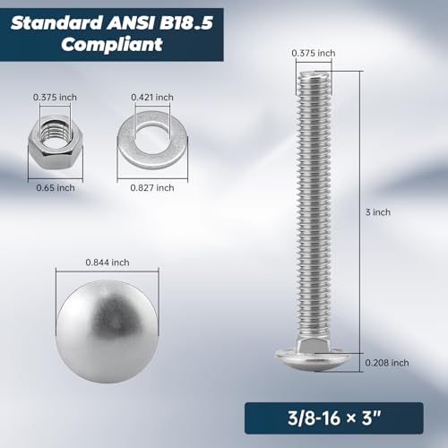 Image of 3 /8-16 x 3 Inch Carriage Bolt Kit, 304 Stainless Steel (18-8) with Hex Nuts & Flat Washers - 6 Sets, Round Head Square Neck, Full Thread Coverage by Glvaner
