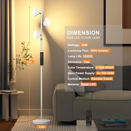 PARTPHONER RGB Tree Floor Lamp for Living Room, Stepless Dimmable Tall Standing Lamp with  - image 7