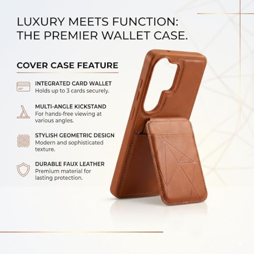 Image of amazon basics Premium Vegan Leather Back Cover with Card Holder and Integrated Mobile Stand for Samsung Galaxy S25 Ultra 5G - Slim Shockproof Wallet Case with Geometric Stitching [Tan]