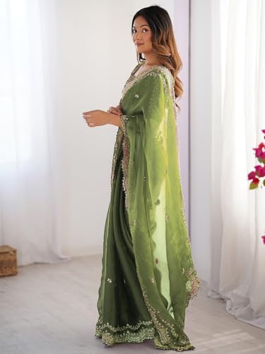 Image of Satrani Women's Shimmer Chiffon Sequins Embroidery Saree with Unstitched Blouse Piece