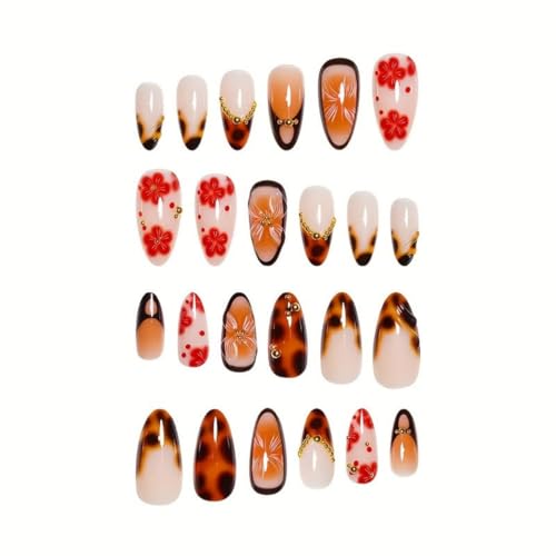 Image of Flower Press on Nails French Tip Fake Nails Leopard Print Glue on Nails with Gold Design Medium Almond False Nail Glossy Full Cover Brown Stick on Nail for Women Girls Manicure 24Pcs