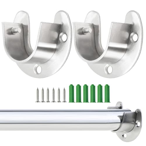 Image of HASTHIP 2Pcs Wardrobe Rod Holder 1-1 /3 Inch Stainless U-Brackets | Secure Hanger Rod End Supports, Neat Clothes Storage, Stainless Steel Build, 2 Pcs with Screws, Easy Mounting, Simple Care