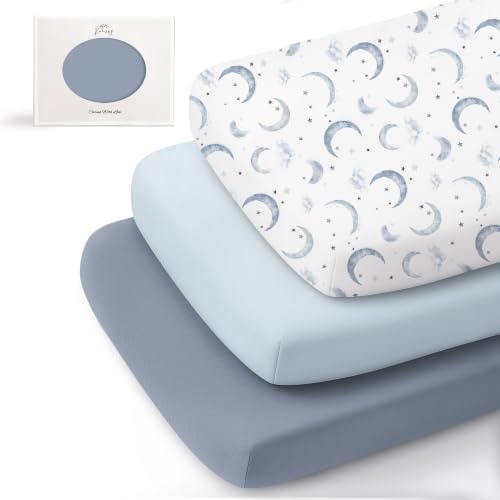Image of Konssy 3 Pack Stretchy Bassinet Sheets for Baby Girl Boy, Soft Breathable Baby Bassinet Mattress Sheets Fit for Hourglass Oval Cradle, Moses Basket Rectangle Mattress (Blue Moon)