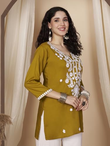 Image of Short Kurti for Women for Jeans, Chikankari Kurtis for Ladies, Lakhnavi V- Neck Women's Tunic Design Kurta, Floral Kurtas & Tunics for Woman