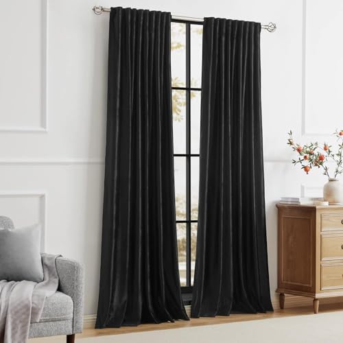 Image of PRIMROSE Black Curtains 102 inch for Living Room Velvet Drapes Blackout Rod Pocket Back Tab Window Treatment Semi Room Darkening Decor Curtains for Bedroom Set of 2 Panels