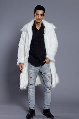 Amore Bridal Mens Faux Fur Coat Long Black Jacket Warm Furry Overcoat Outwear White M