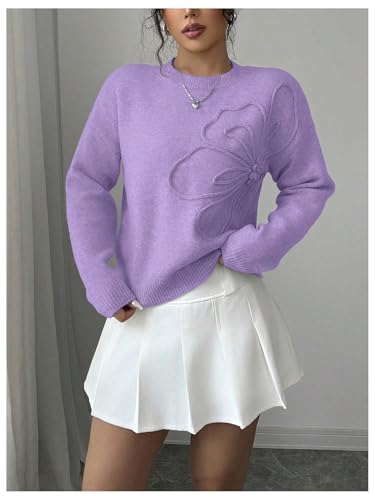 Image of RoseSeek Women's 3D Floral Appliques Crewneck Sweaters Long Sleeve Drop Shoulder Pullovers Elegant Knit Tops