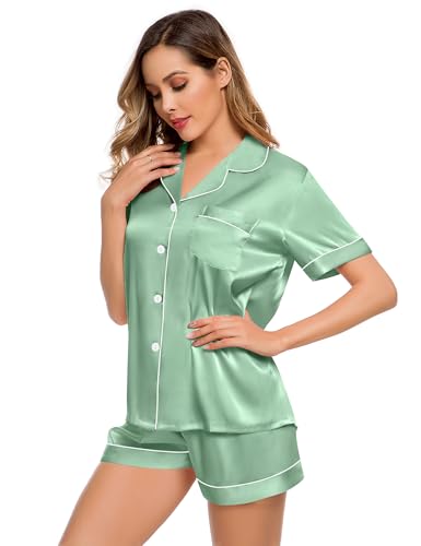 Image of LecGee Womens Silk Satin Pajamas Short Sleeve Loungewear Two-Piece Sleepwear Button-Down Pj Set Avocado Green X-Large