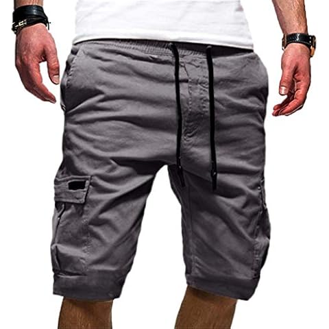 WUAI-Men Outdoors Cargo Shorts Casual Drawstring Elastic Waist Workout Shorts Multi-Pocket Stretchy Twill Summer Shorts(Dark Grey,Large) Cover