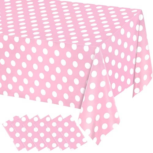 Image of WNINK 6 Pack Light Pink and White Polka Dot Tablecloths, Pink Disposable Plastic Table Cover for Birthday, Wedding, Bachelor, Pink Girl Party, and Picnic Camping Parties 54 inch x 108 inch
