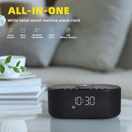 Image of Sound Machine Alarm Clock for Bedrooms with 21 Soothing Sounds | Dimmable - Bluetooth 10W Stereo - Sound Speaker with Wireless Charging - Sleep Sound for Baby Kids Adults