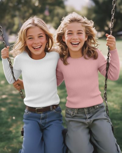 Image of 4 Pack Girls Long Sleeve Shirts Ribbed Knit Cotton Crewneck Tops Slim Fit Soft Casual Kids Base Layer Undershirts