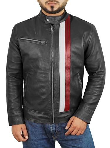 Leather Motorcycle Jacket Men - Cafe Racer Stripe Biker Style Real Leather Jacket Men