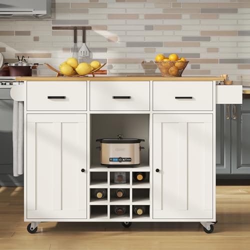 DACHETOU Carro de comedor con encimera, carrito de cocina, extraíble, toallero y estante para especias, divisores ajustables, armario de cocina, mesa con vetas de madera, color blanco