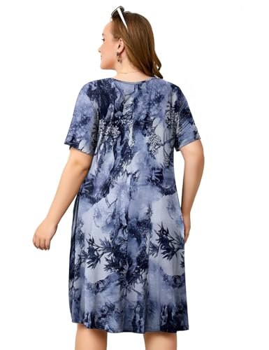Image of OVERWORETY Womens Short Sleeve Plus Size T-Shirt Dress V Neck Casual Loose Swing A-Line Summer Tunic Dresses with Pockets