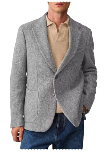 Men's Vintage Herringbone Blazer Single Breasted Tweed Blend Sports Jacket with Pockets