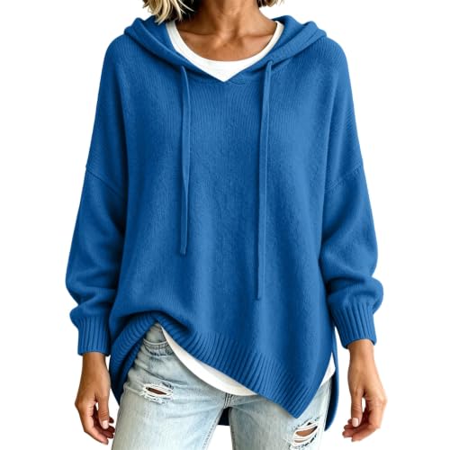 MaMiDay Women's Oversized Hooded Sweater Casual Pullover Drop Shoulder Blue - image 6