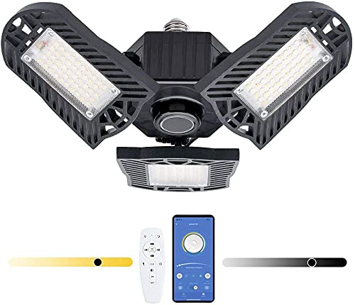 Led Garage Light with Remote Control, 80W Deformable Garage Light with 3 Adjustable LED Panels, 8000 Lumens, 6500K Daylight, E26/E27 Super Bright Bulb for Warehouse, Barn, Workshop, Yard